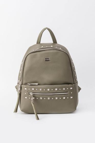 Khaki casual backpacks with metallic spikes from ecological leather
