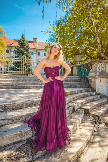 Ana Radu purple luxurious dress from tulle with inside lining with push-up cups off shoulder