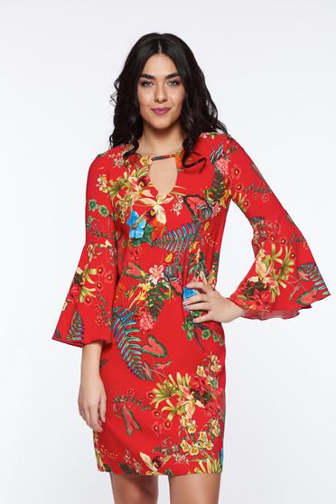 PrettyGirl red daily flared dress slightly elastic fabric with bell sleeve