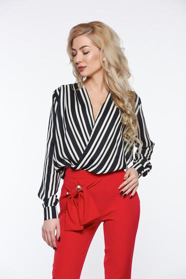 PrettyGirl black elegant women`s blouse with easy cut from satin fabric texture wrap around