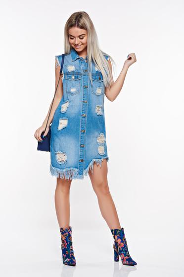 SunShine blue casual nonelastic cotton dress with easy cut with pockets with ruptures