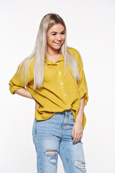 SunShine mustard casual women`s shirt with easy cut linen with pointed collar