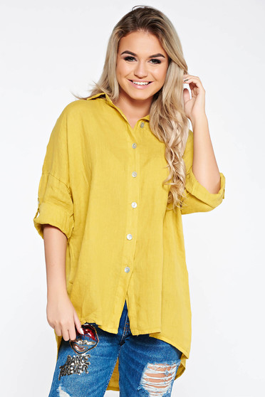SunShine mustard casual women`s shirt with easy cut linen with pointed collar