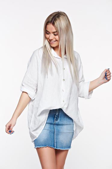 SunShine white casual women`s shirt with easy cut linen with pointed collar