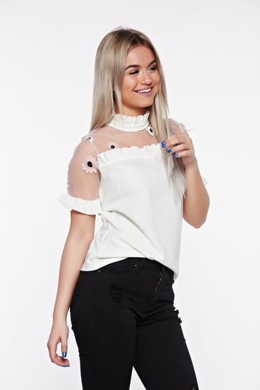 SunShine white elegant embroidered women`s blouse with easy cut with ruffled sleeves