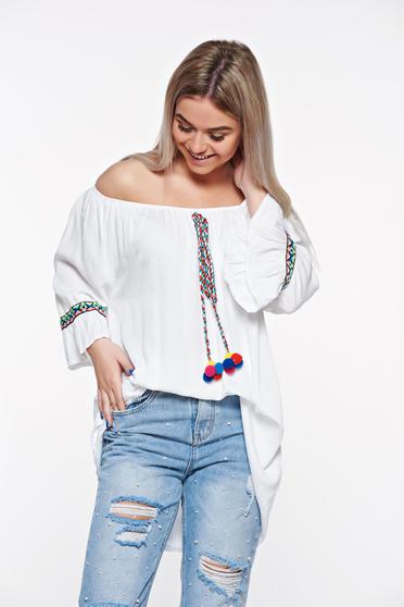 SunShine white casual with easy cut women`s blouse nonelastic cotton with laced details