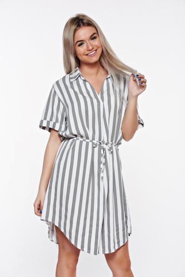 SunShine grey casual flared dress from soft fabric is fastened around the waist with a ribbon
