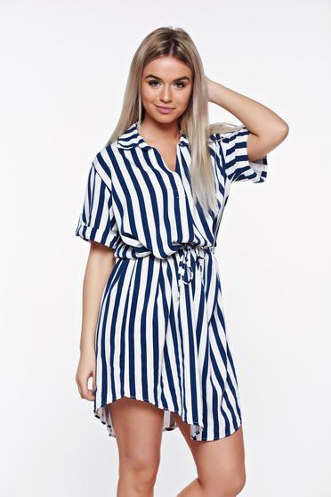SunShine darkblue casual flared dress from soft fabric is fastened around the waist with a ribbon