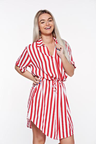 SunShine red casual flared dress from soft fabric is fastened around the waist with a ribbon