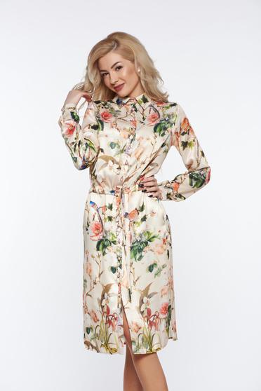 PrettyGirl cream elegant dress from satin fabric texture with inside lining ribbon fastening