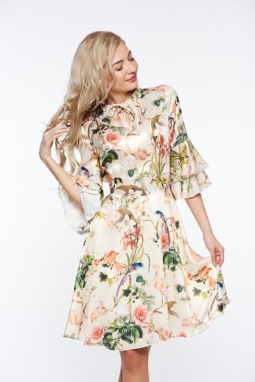 PrettyGirl cream elegant cloche dress from satin fabric texture with inside lining