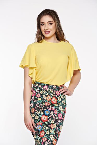PrettyGirl yellow elegant women`s blouse airy fabric with easy cut slightly transparent fabric