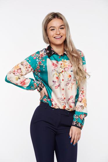 PrettyGirl green women`s shirt elegant from satin fabric texture airy fabric with easy cut