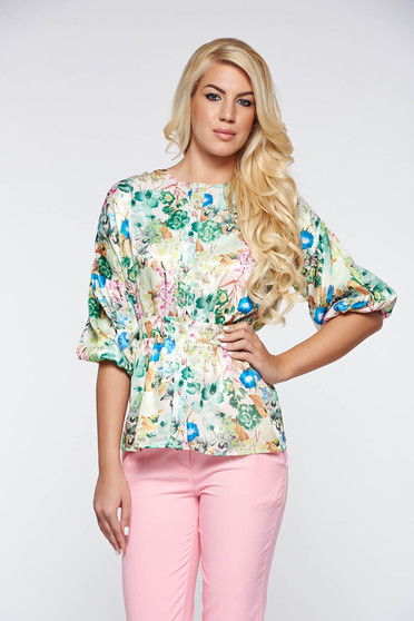 PrettyGirl lightgreen elegant women`s blouse airy fabric from satin fabric texture with puffed sleeves with frilled waist