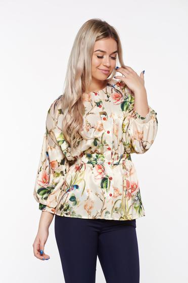 PrettyGirl cream elegant women`s blouse airy fabric from satin fabric texture with puffed sleeves with frilled waist
