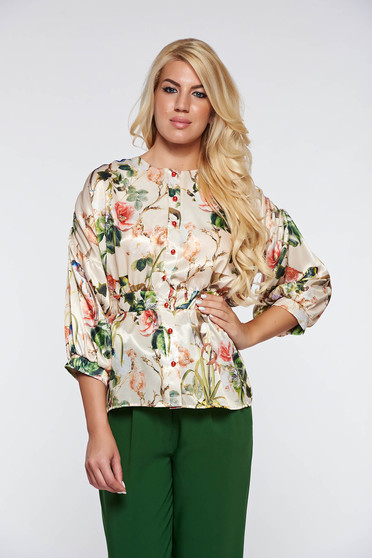 PrettyGirl cream elegant women`s blouse airy fabric from satin fabric texture with puffed sleeves with frilled waist