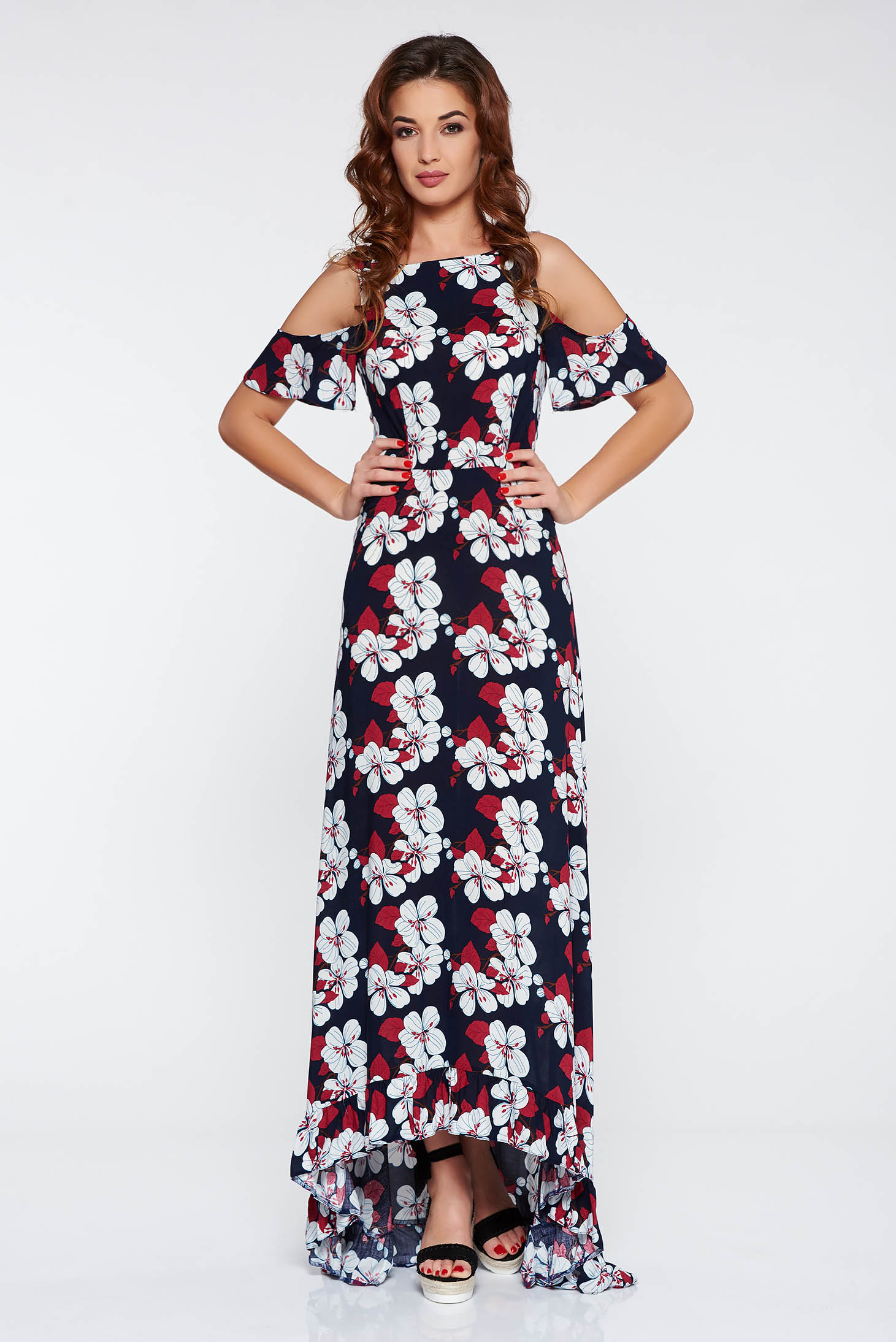 Rochie StarShinerS albastru-inchis de zi asimetrica cu umeri decupati din material subtire cu imprimeuri florale