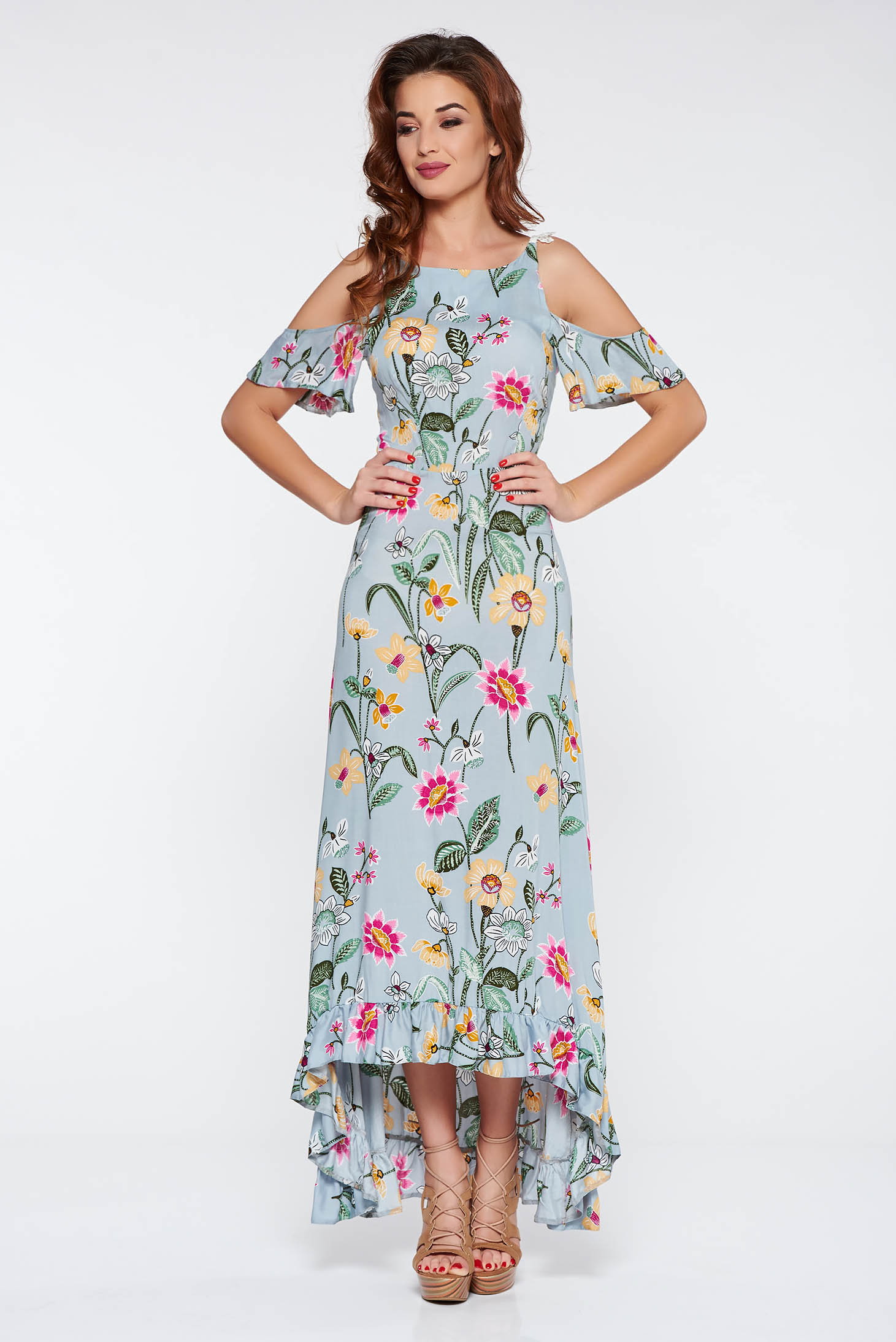 Rochie StarShinerS gri de zi asimetrica cu umeri decupati din material subtire cu imprimeuri florale