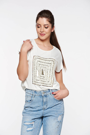 Top Secret white casual flared t-shirt from soft fabric slightly elastic fabric with sequin embellished details