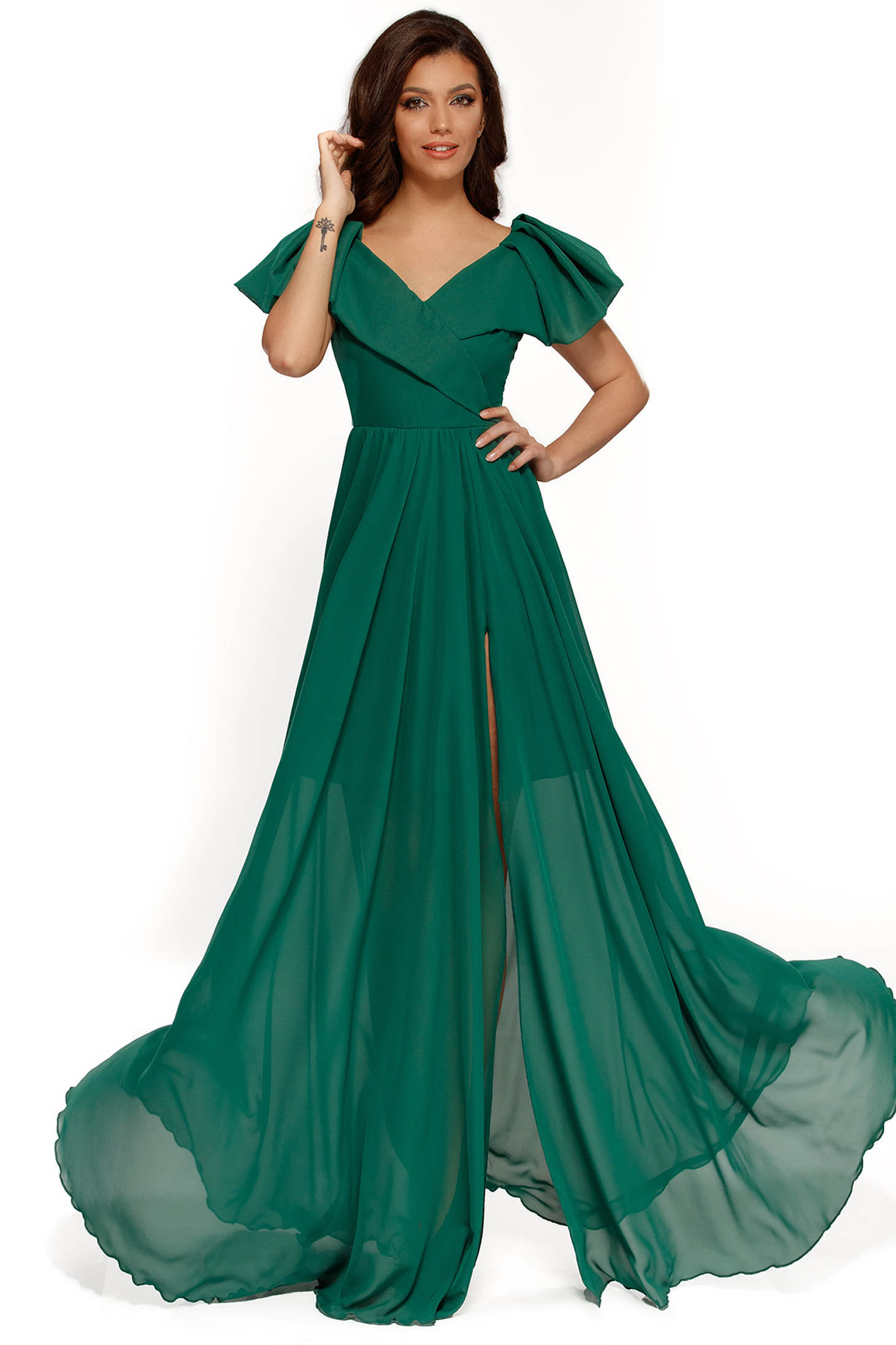 Green occasional dress voile fabric with inside lining with ruffle details