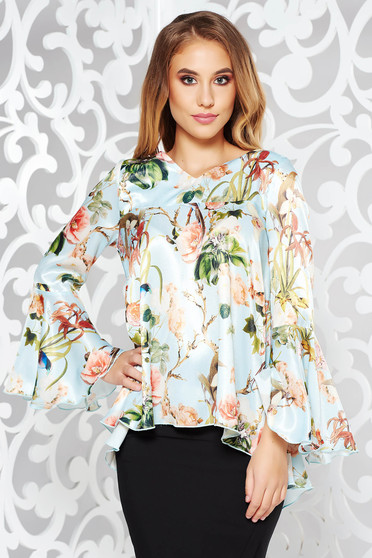 PrettyGirl blue elegant women`s blouse airy fabric allure of satin with bell sleeve with easy cut