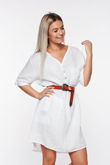 SunShine white casual flared linen women`s shirt with v-neckline