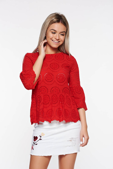 SunShine red casual flared linen women`s blouse bell sleeves