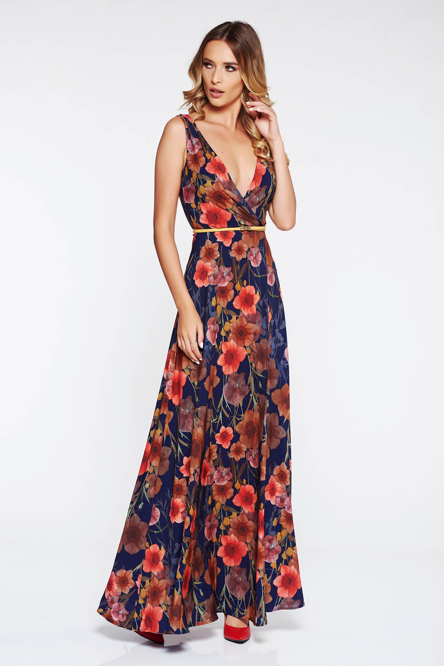 Rochie StarShinerS albastra-inchis eleganta din material vaporos captusita pe interior accesorizata cu cordon