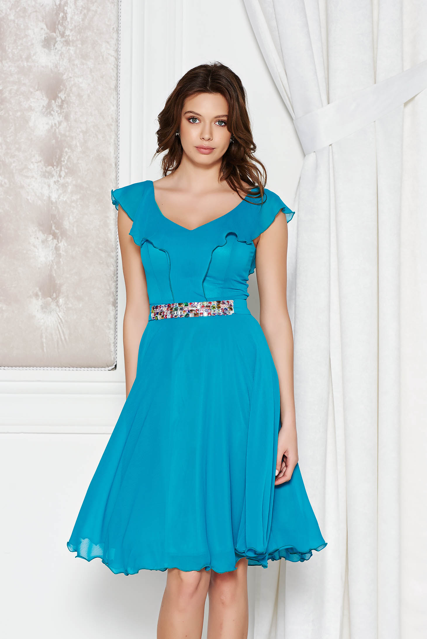 Rochie Starshiners Turcoaz De Ocazie In Clos Din Voal Captusita Pe