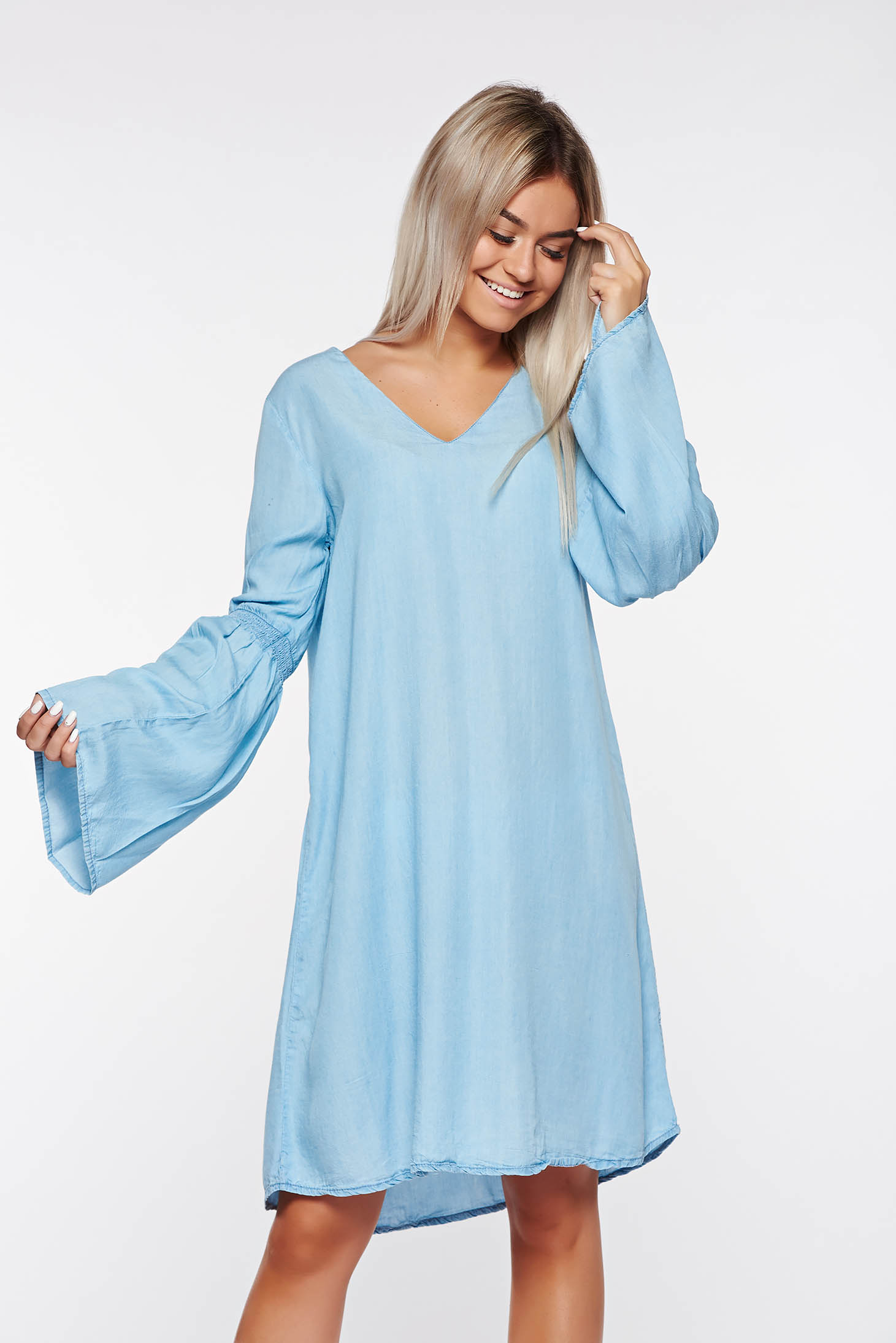 bell sleeve denim dress