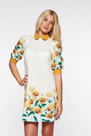PrettyGirl mustard with easy cut dress with floral prints elegant slightly elastic fabric
