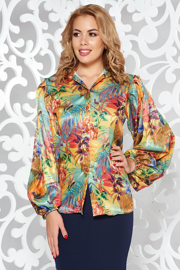 PrettyGirl green elegant women`s shirt from satin fabric texture with easy cut with floral prints