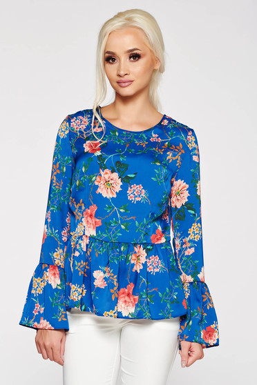 PrettyGirl blue elegant flared women`s blouse with cut back airy fabric