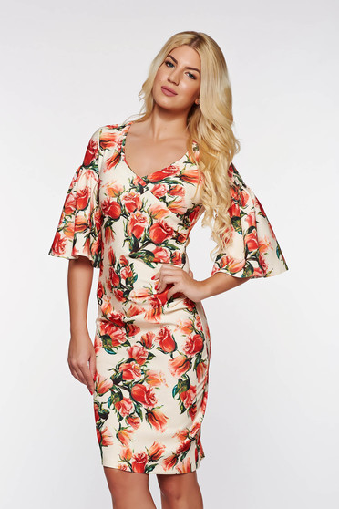 PrettyGirl red elegant pencil dress from elastic and fine fabric with bell sleeve