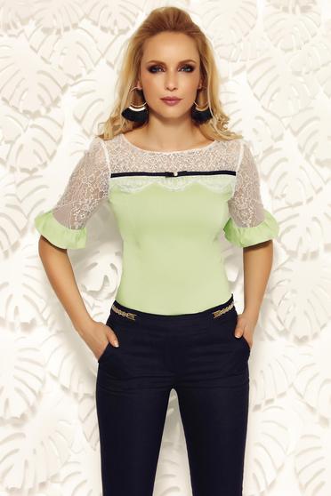 Fofy lightgreen office women`s shirt cotton with tented cut with lace details