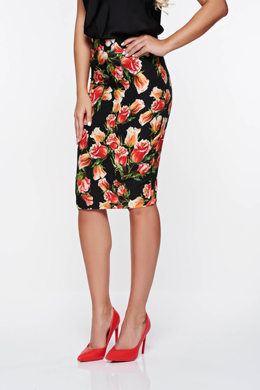 PrettyGirl black office high waisted skirt with floral prints soft fabric