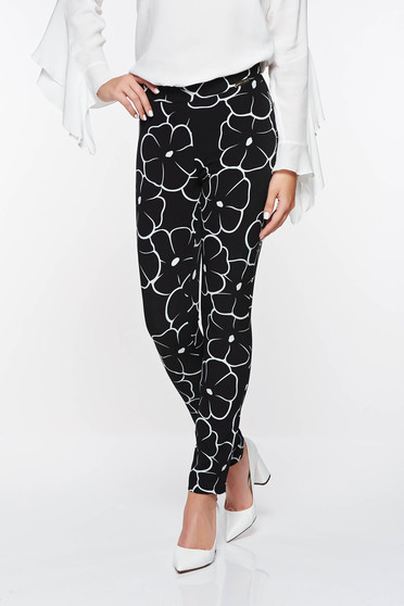 PrettyGirl black office conical trousers with medium waist with geometrical print