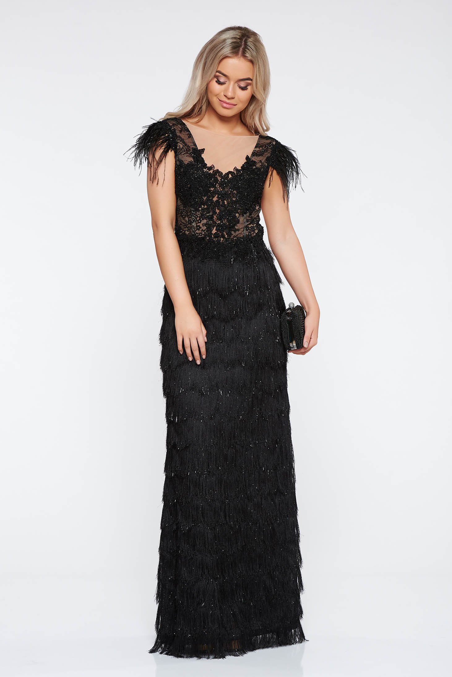 Rochie Ladonna Neagra De Ocazie Cu Un Croi Mulat Din Dantela Si