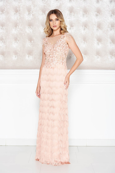 LaDonna rosa occasional dress from laced fabric with fringes with tented cut with deep cleavage