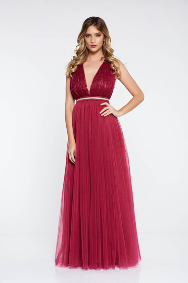 LaDonna burgundy dress occasional from tulle laced with small beads embellished details cloche