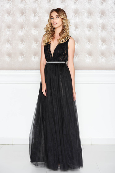 LaDonna black dress occasional from tulle laced with small beads embellished details cloche