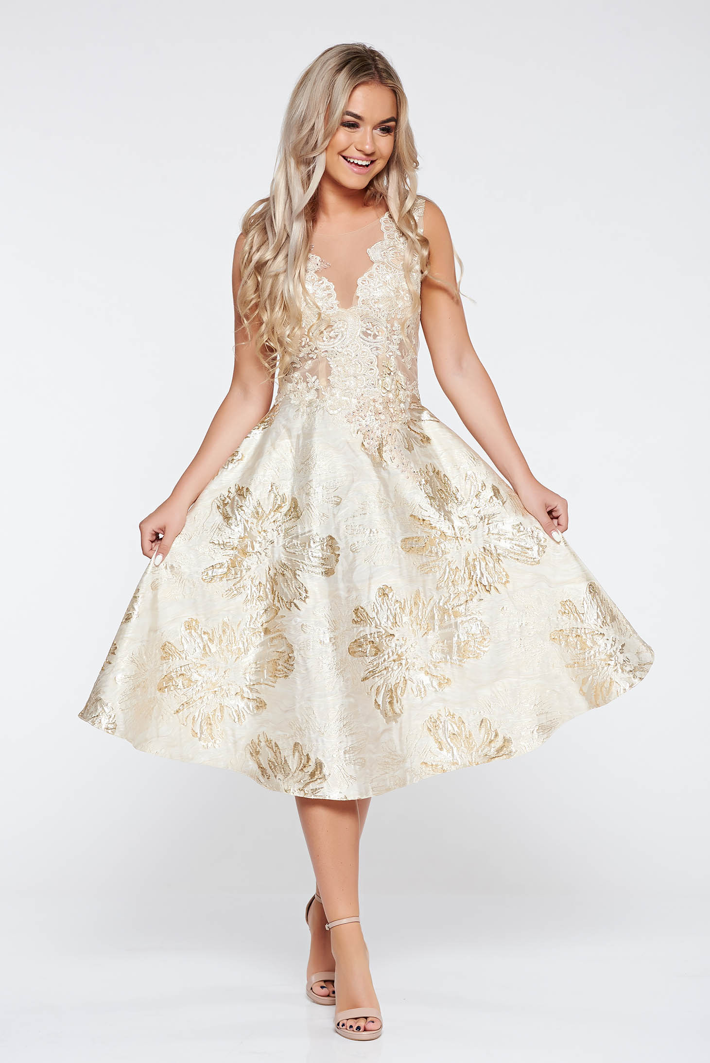 Rochie Ladonna Aurie De Ocazie In Clos Din Jaquard Si Dantela Cu