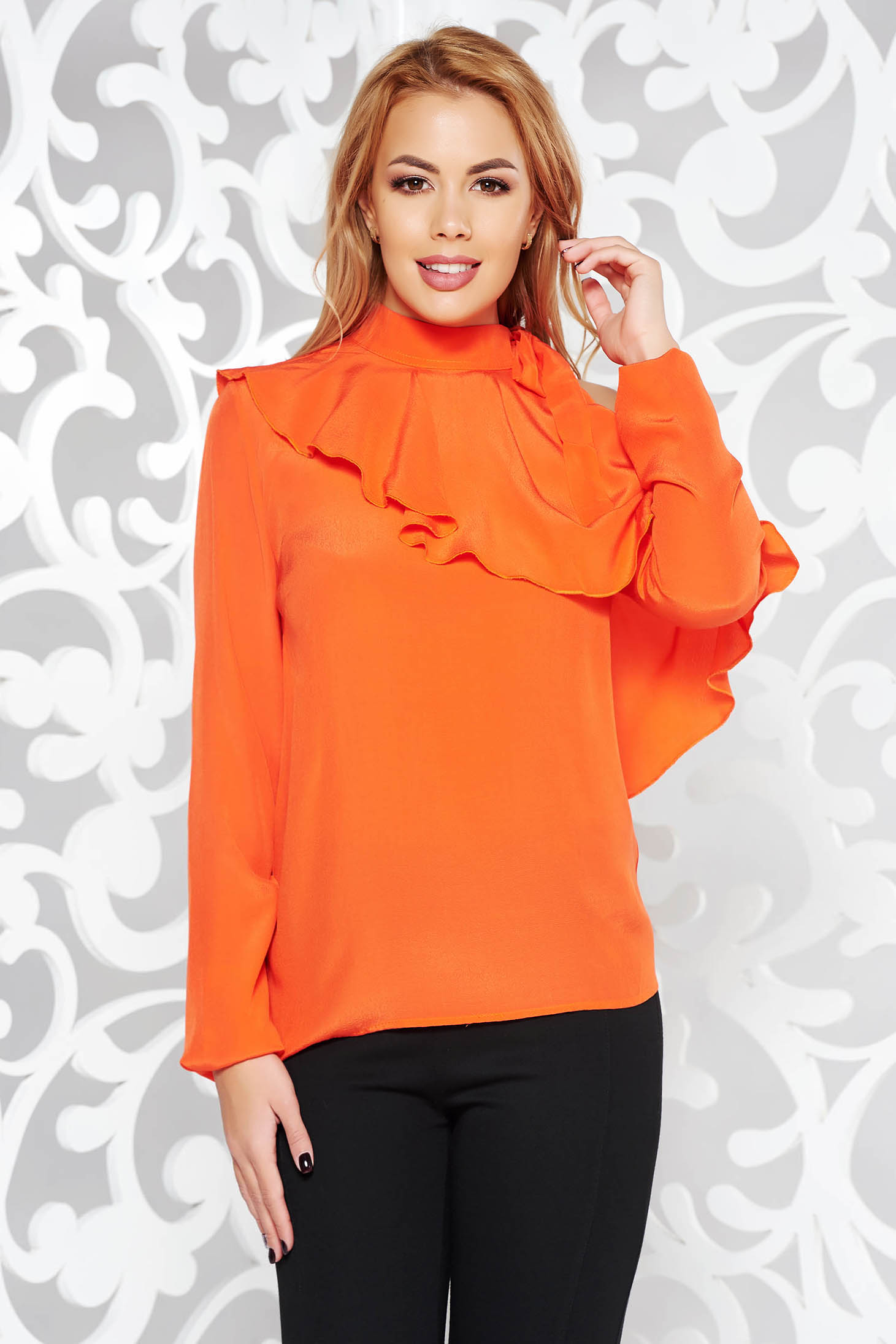 PrettyGirl coral elegant women`s blouse airy fabric both shoulders cut out with ruffle details 1 - StarShinerS.com