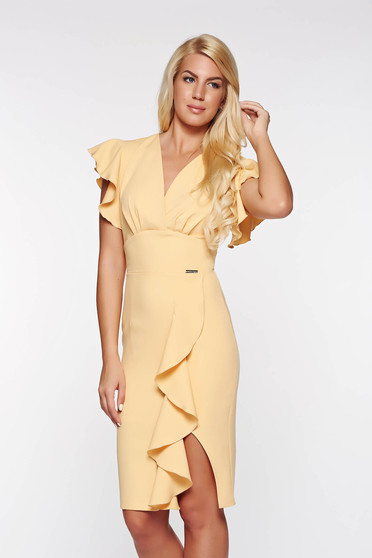 PrettyGirl yellow elegant dress with ruffle details slightly elastic fabric with inside lining pencil