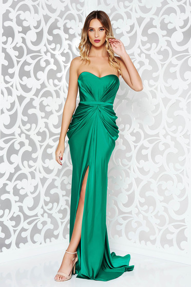 Ana Radu darkgreen dress with push-up bra luxurious from satin fabric texture off shoulder