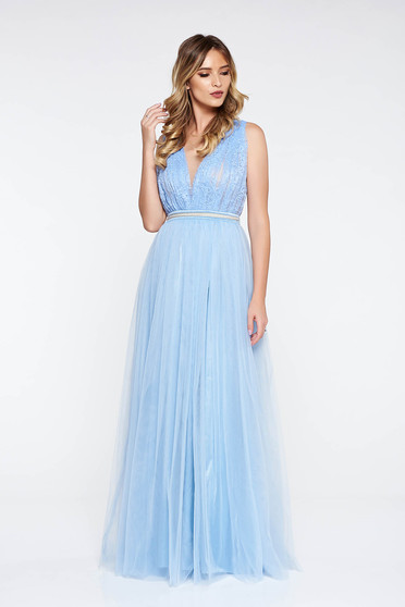 LaDonna lightblue dress occasional from tulle laced with small beads embellished details cloche