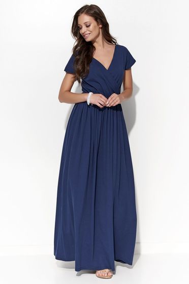 Folly darkblue dress casual cotton with v-neckline with elastic waist flared