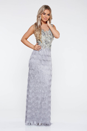 LaDonna grey occasional dress with fringes nonelastic fabric from laced fabric with small beads embellished details
