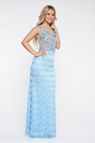 LaDonna lightblue occasional dress with fringes nonelastic fabric from laced fabric with small beads embellished details