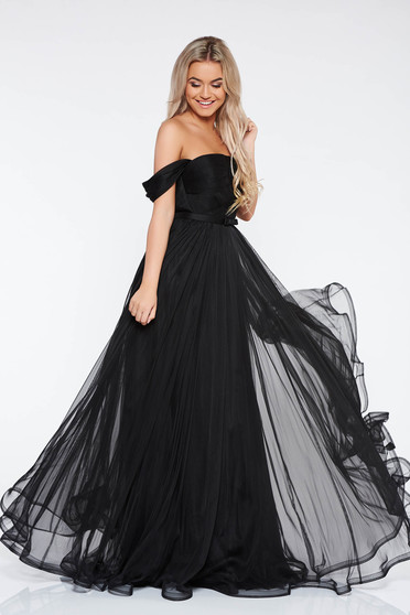 Ana Radu black luxurious dress from tulle with inside lining corset accessorized with tied waistband